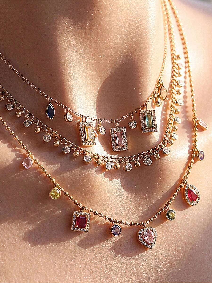 Fashionable Colored Zirconium Stainless Steel Necklace - Luxurious And Exclusive Collar Chain For Women - Multicolor - View 1
