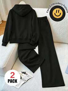2pcs/Set Pakaian Kasual Anak Perempuan, Termasuk Kardigan Berkerudung Motif Wajah Tersenyum Bordir Imitasi + Celana Kasual, Lembut dan Nyaman, Cocok untuk Dipakai di Musim Gugur/Musim Dingin - Hitam - View 2