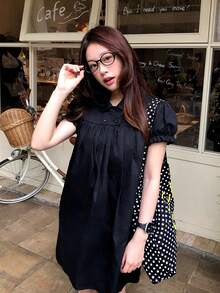 Peter Pan Collar Ruffle Petal Sleeve Preppy Doll Blouse Black Summer - Black - View 1