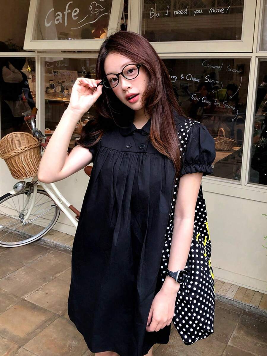 Peter Pan Collar Ruffle Petal Sleeve Preppy Doll Blouse Black Summer - Black - View 1