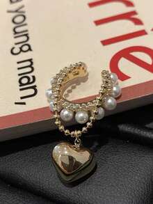 1pc Exquisite Heart Rhinestone Elegant Ear Cuff, Sweet & Spicy Tassel Heart Pearl Non-Pierced Ear Cuff, Elegant Elegant Commute Ear Jewelry - Gold - View 4