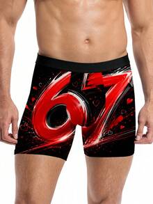1 Peça Cueca Boxer com Estampa de Coração Vermelho "67", Estilo Graffiti de Amor, Roupa Íntima Masculina, Presente de Aniversário, Presente do Dia dos Namorados, Presente de Aniversário, Presente de Casamento, Presente para Melhor Amigo, Presente para Namorado, Presente para Marido, Presente para Ele - Preto - Visão 2