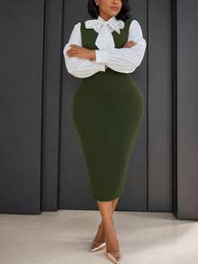 Vestido de manga farol de color block de longitud media para mujer, ajuste generoso para diversos tipos de Body, diseño de cuello con caída de color block extra larga, silueta ajustado que cintura la cintura resaltando las curvas, estilo minimalista y elegante adecuado para uso diario, ropa de trabajo y ocasiones - Multicolor - Ver 4