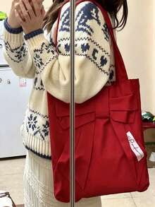 蝴蝶結帆布包 女款休閒通勤外出包 多巴胺紅 豆豆紅 蝴蝶結單肩手提包 新年紅大容量時尚托特包 - 紅色 - 查看 6