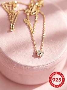1pc S925 Sterling Silver Mini Four-Leaf Clover Full Rhinestone Collarbone Necklace, Simple Luxury Elegant Elegant Artistic Cool Delicate Personalized Mori Style Fresh Niche Lucky Clover Adjustable Versatile High-End Neck Jewelry Casual Daily Matching Sweet Fashion Accessory Gift - Four-leaf Clover - View 5