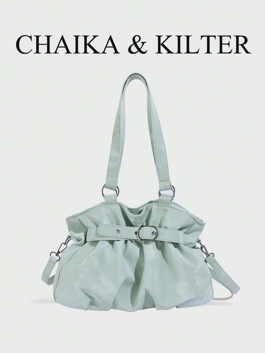 CHAIKA & KILTER 1件純色PU布料托特包，女款時尚單肩托特包，雙手柄設計，拉鍊開合，飾帶裝飾，適合日常與街頭使用