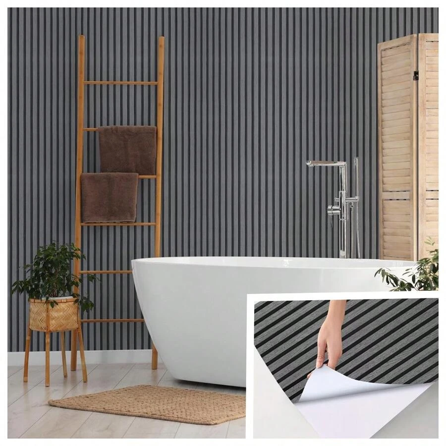 Dunkelgraue vertikal gestreifte Holzmaserung Tapete, linear gestreifte Holzmaserung selbstklebende abnehmbare Tapete, mieterfreundlicher dekorativer Aufkleber, geeignet für Kaminhintergrundwand, Badezimmerschrank, Wohnzimmermöbel