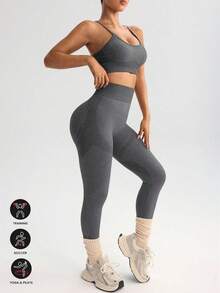 Sports Women's Casual Solid Color Camisole And Leggings Sports Suit, Summer - Dark Grey - View 3