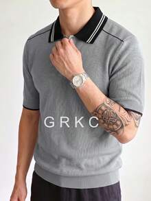 Men's Knitted Polo T-Shirt, Slim Fit Business Striped Solid Color Knit Top, Spring/Summer Commute Casual Versatile Thin Short Sleeve - Grey - View 1