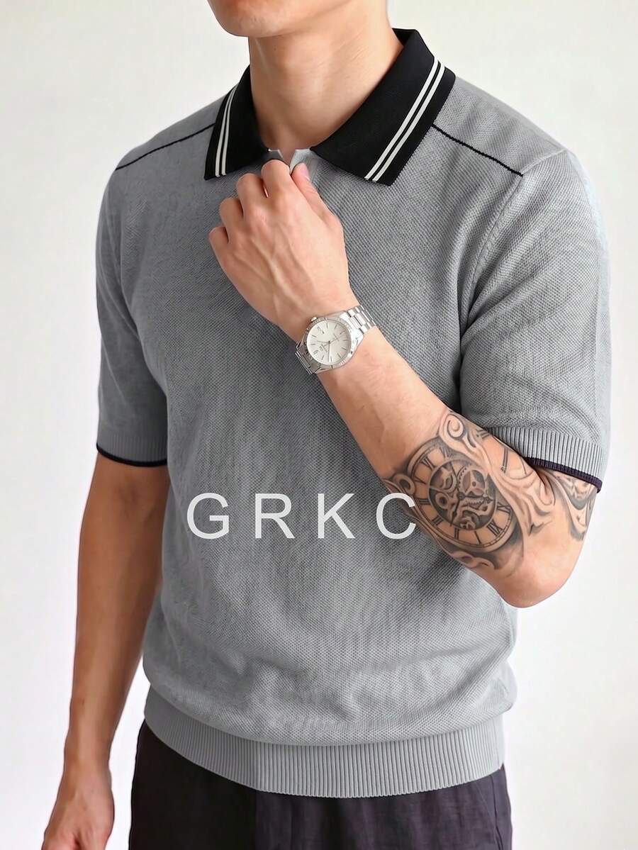 Men's Knitted Polo T-Shirt, Slim Fit Business Striped Solid Color Knit Top, Spring/Summer Commute Casual Versatile Thin Short Sleeve - Grey - View 1