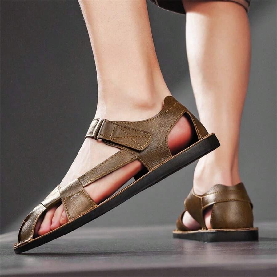 Summer New Roman Style Casual Men's Sandals, Hand-Stitched Hook And Loop Flat One-Strap Shoes - Brown - View 1