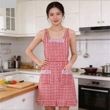 Cute Lace Trim Plaid Apron #Dual-Tone Plaid Apron #Cute Style Apron #Kitchen Apron #Women's Apron #Hand-Wiping Apron #Adjustable Apron #Apron With Large 3D Pockets - One Size Fits All - View 4