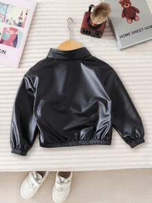 Baby Girl Autumn Black Motorcycle Jacket With Stand Collar And Metal Buttons, Cool And Cute Solid Color Outerwear For Daily Winter Wear - Black - View 2