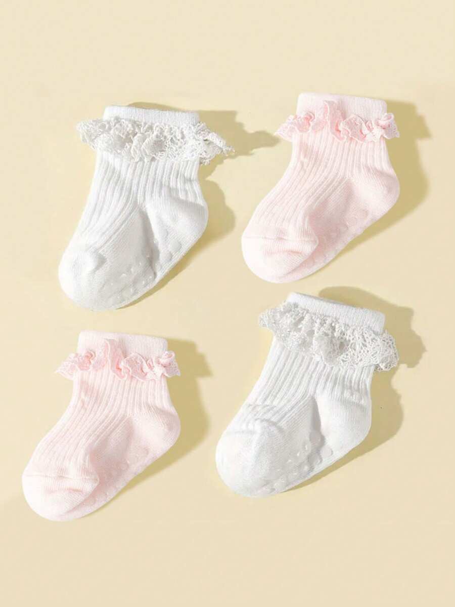 4雙/組可愛公主防滑襪子,嬰幼兒純色花邊襪子,春秋透氣地板襪