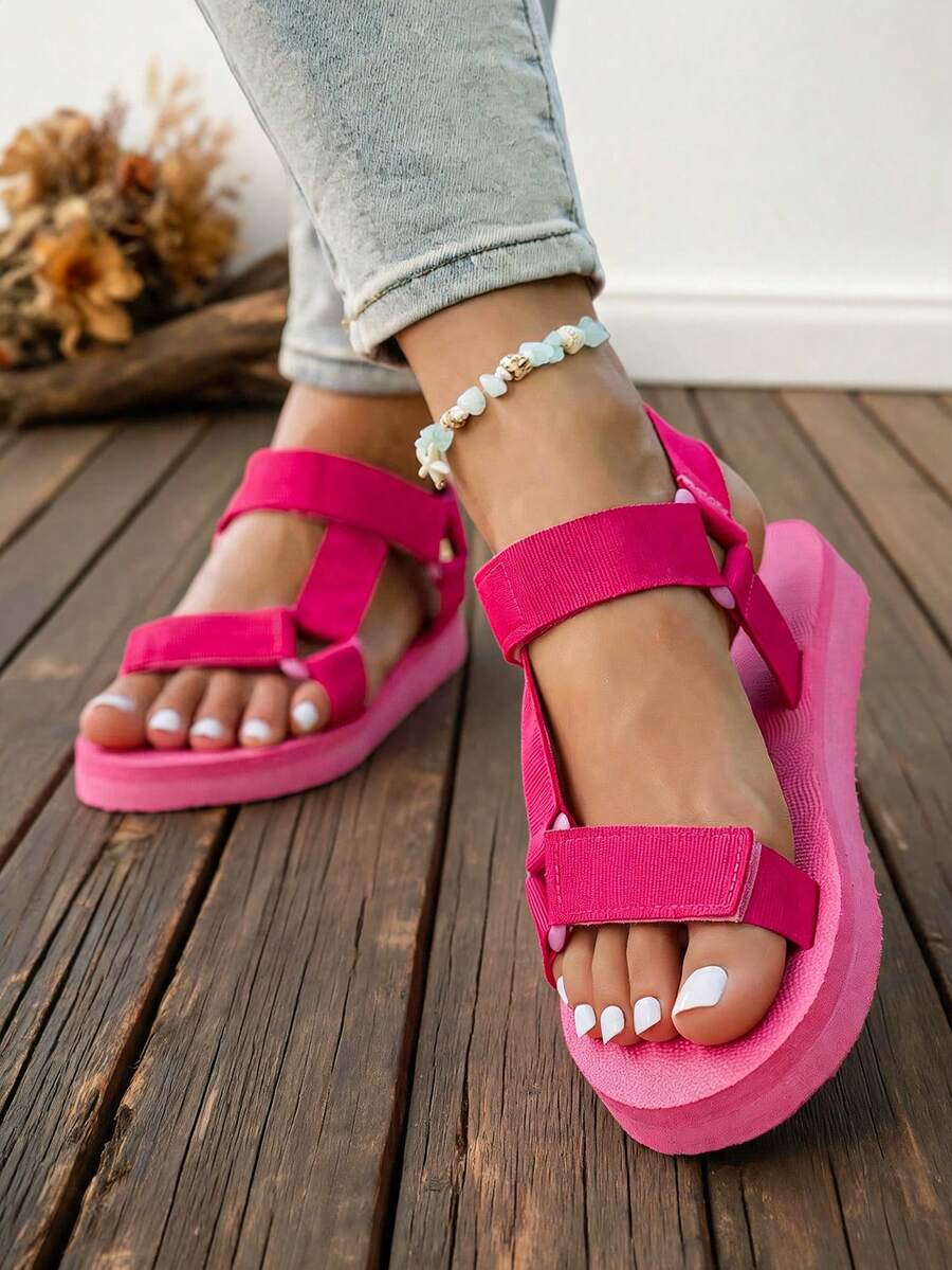 Lightweight Foam Sole Sports Sandals – Women's – Wedge Heel, Summer Beach Casual Shoes, Holiday Essential, Open Toe Design, Adjustable Straps - Rose Red - View 1