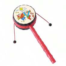 Traditional Chinese Style Rattle Drum, Classic Hand-Shaken Toy, Rattle Toy, Produces Sound By Shaking The Rope-Attached Weight To Strike The Drum Surface, Features Chinese New Year Painting Style Design, Red Carved Handle, Combines Traditional Rattle Drum Structure With Chinese Cultural Theme Design, Random Style - 彩色 - 查看 10