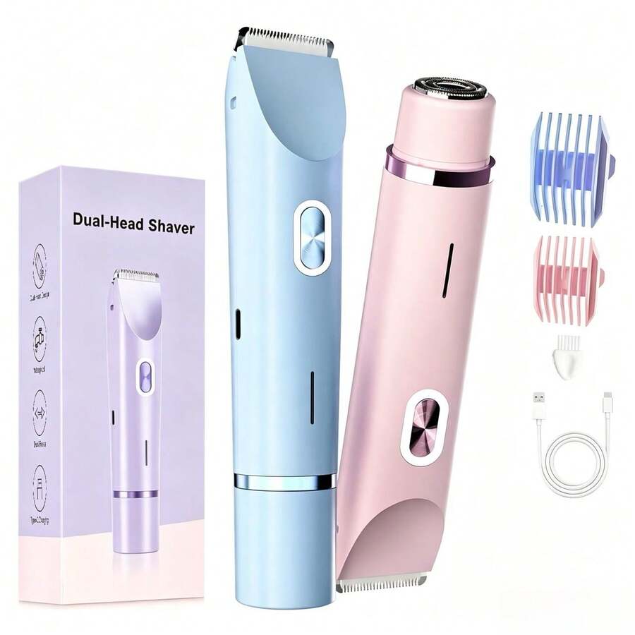 2合1女性比基尼修剪器與電動刮鬍機，雙頭陶瓷刀片除毛器，Type-C快充靜音脫毛器，無痛全身除毛，適用比基尼線、腋下、腿部、手臂與臉部毛髮
