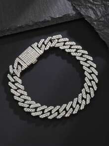 1pc 12mm Full Rhinestone Flip Clasp Rhombus Zirconia Bracelet, Personalized Hip Hop Cuban Chain Men's Full Rhinestone Bracelet, Suitable As A Gift - Multicolor - View 5