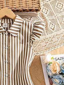 Left Mama Gaun Anak Perempuan Kasual Minimalis Bergaya Preppy dengan Lengan Bergelombang Bergaris, Pakaian Sehari-hari Musim Panas, Musim Kembali ke Sekolah - Khaki - View 4