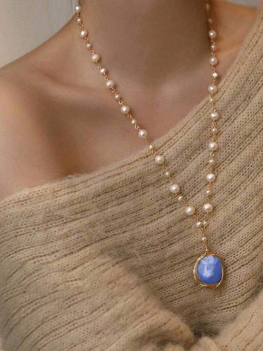 1件時尚優雅長款不對稱人造珍珠吊墜項鍊 女款 手工編織長毛衣鍊 輕量設計(吊墜造型以實物為準) - 藍色 - 查看 1