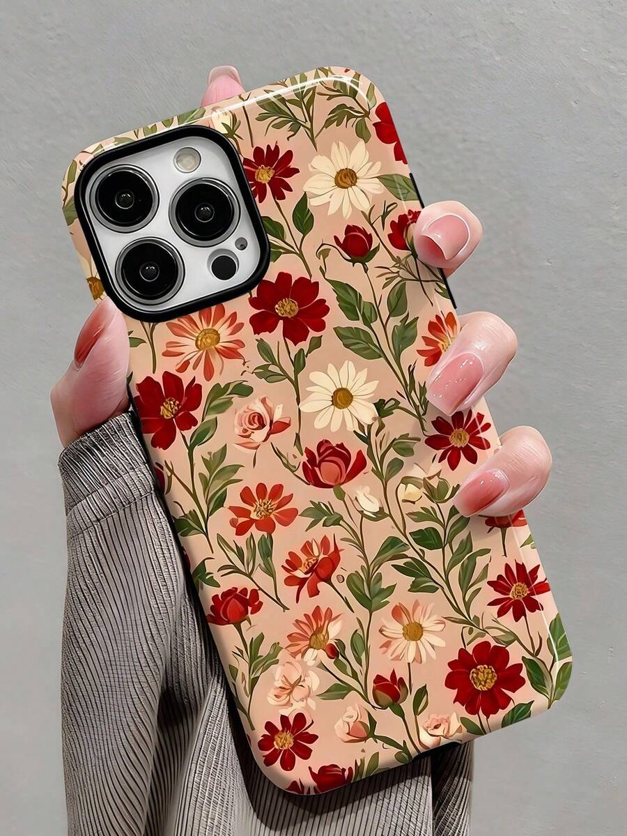 Floral Pattern 1-Piece Romantic Spring Floral Pattern Glossy 2-In-1 Film Hard Phone Case, Compatible With Samsung/11/12/ IPhone13/14/15/ IPhone16/ IPhone17 Pro Max - 白色4 - 查看 1