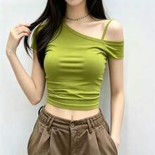 極簡性感女款綠色不對稱領口不對稱肩短袖T恤 夏季新款休閒 - 綠色 - 查看 2