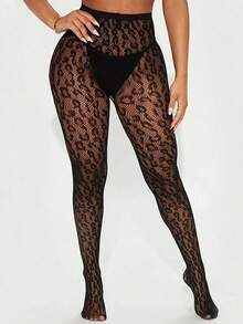 1pc Plus Size Women Sexy Leopard Print Mesh Stockings, Medium Stretch Fabric With Contrast Mesh Design - Black - View 5