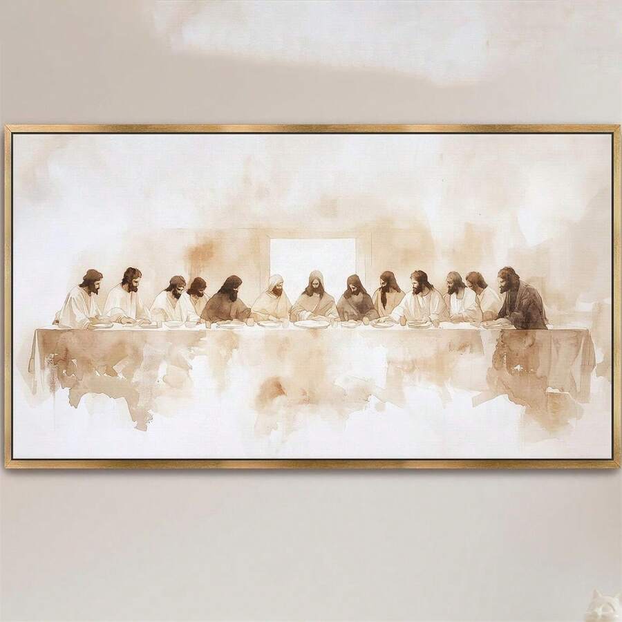 1pc "The Last Supper" Minimalist Beige Abstract Canvas Painting - Inspired By Da Vinci, Horizontal Wall Decor, Suitable For Living Room And Bedroom, Unframed, Shepherd Art, Christian Faith - Multicolor - View 1
