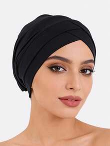 1pc Women's Double Cross Elastic Beanie Hat, Base Cap, Hair Cover, Headscarf Hat, Suitable For Daily Use - Black - View 46