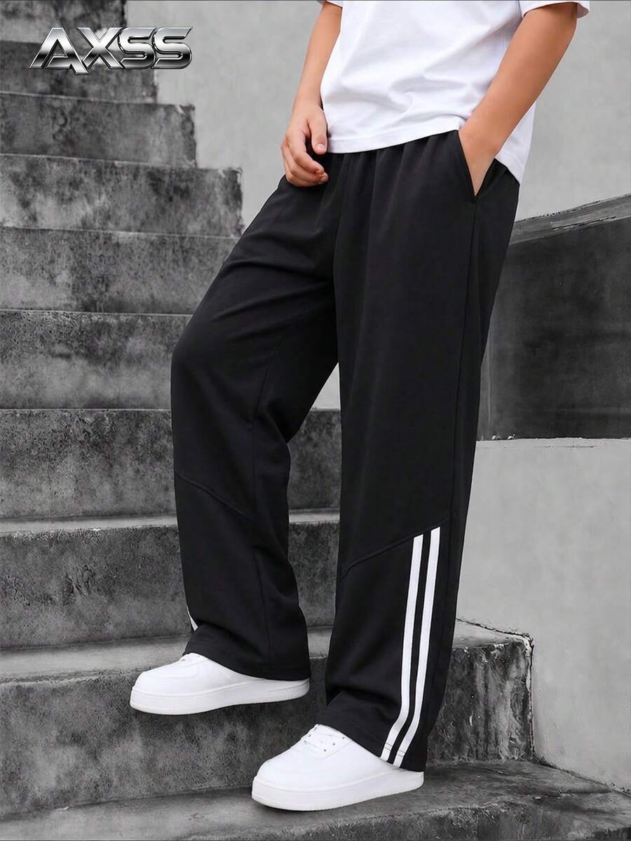 1pc Boys' American Retro Wide Leg Loose Straight Casual Sweatpants - Black - View 1