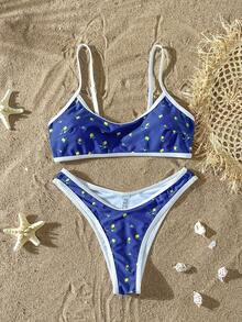 Lemon Breeze 2-Piece Bikini Set - Sexy Navy Blue Swimwear With Citrus Print And White Trim, Suitable For Beach And Pool Vacation Summer - Blue - View 3
