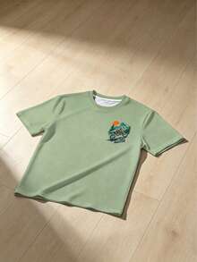 Men Plus Size Vintage Print T-Shirt, Mountain Adventure Dinosaur Motorcycle Graphic T-Shirt, Round Neck Loose Short Sleeve Tee, Polyester Knit Fabric - Green - View 4