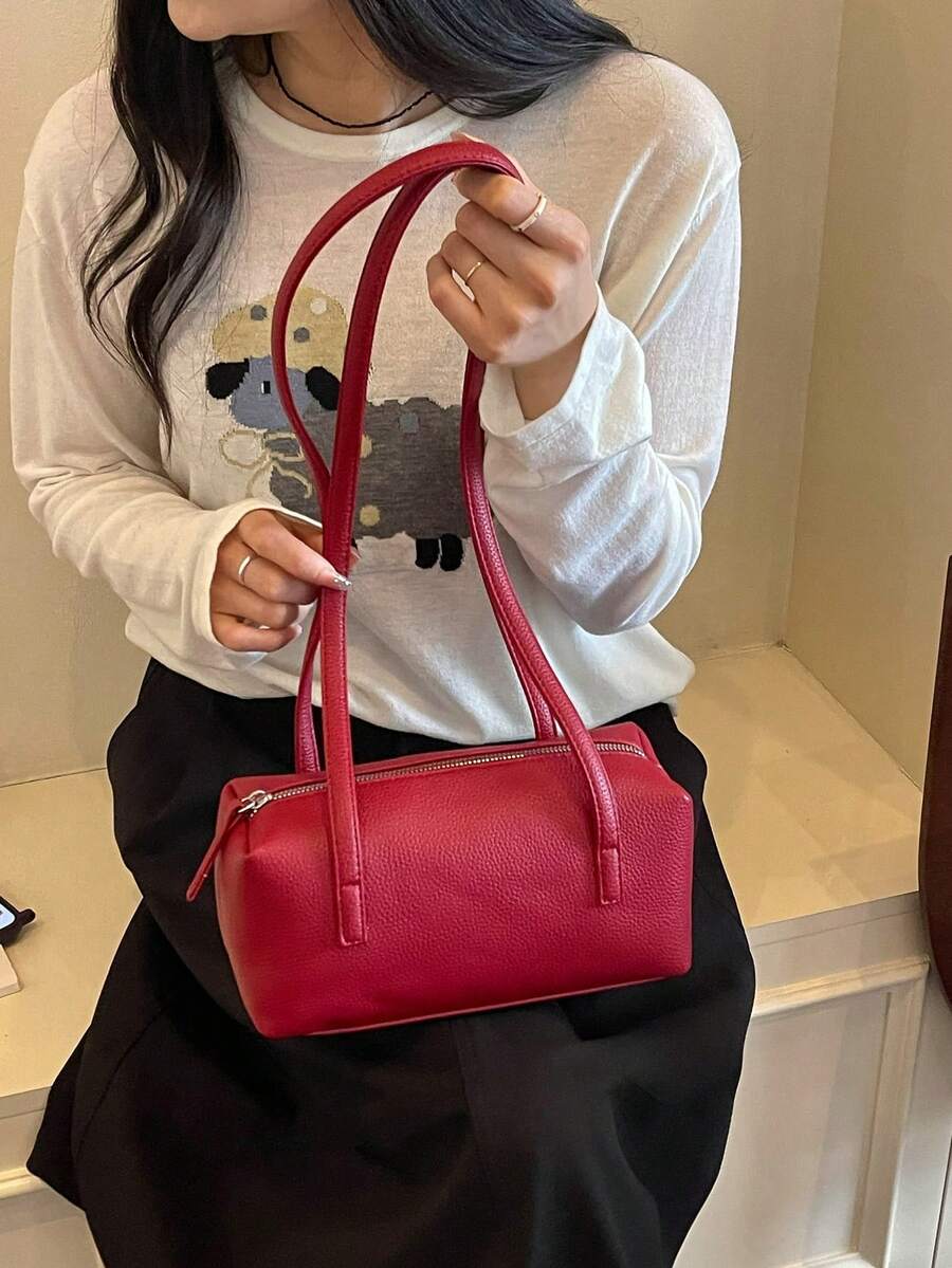 Versatile Minimalist Shoulder Bag, Fresh Sweet Large Capacity Underarm Bag, Niche Design Casual Commute Pillow Bag - Red - View 1