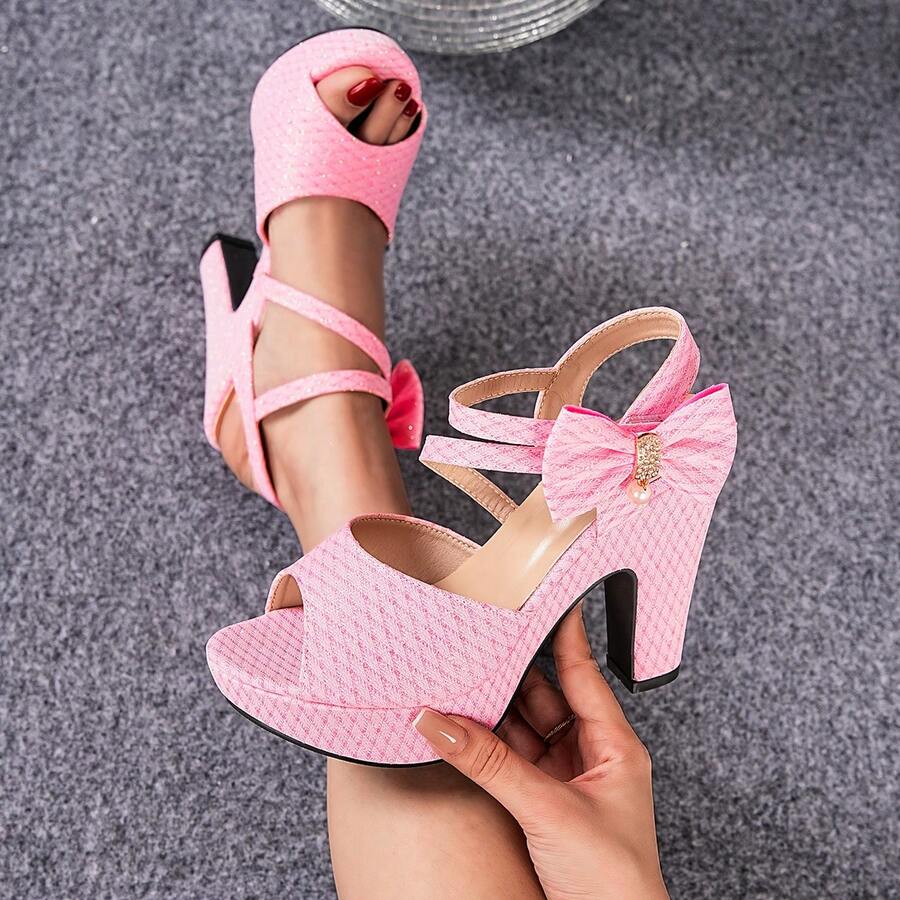 Women's Summer 2026 New Peep Toe High Heel Sandals With Bow, Chunky Heel Platform Sandals For Students, Plus Size - Pink - View 1