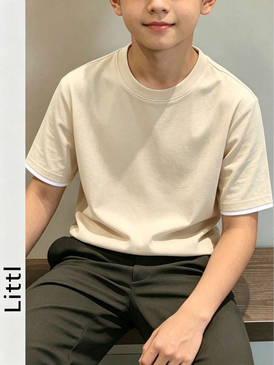 男童青少年學生休閒拼接條紋圓領套頭短袖T恤夏季上衣 - 杏色 - 查看 1