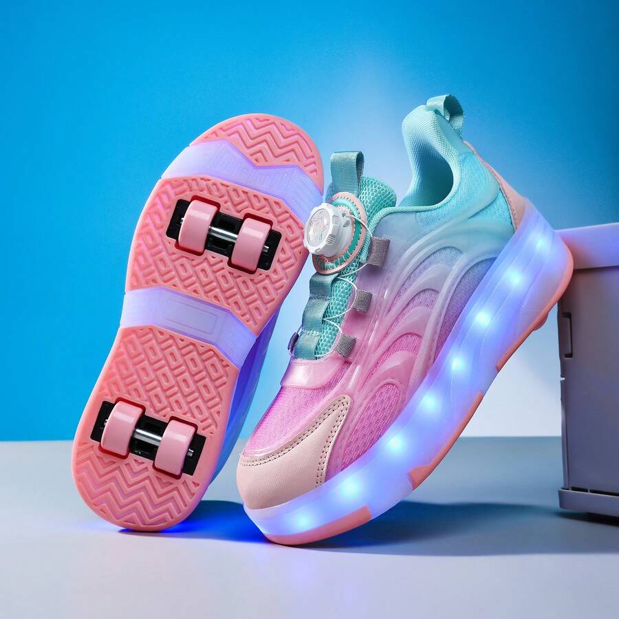 女孩 LED 充電發光輪滑鞋，多功能可變形輪滑鞋，可拆卸輪子，適合四季穿著