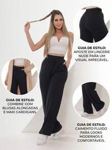 High-Waisted Wide-Leg Pants With Crease, Plain Wool, For Winter. - 黑色 - 查看 2