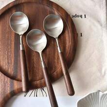 3pcs Walnut Handle Stainless Steel Spoons, Minimalist Texture, Tableware For Home And Western Dining - View 4