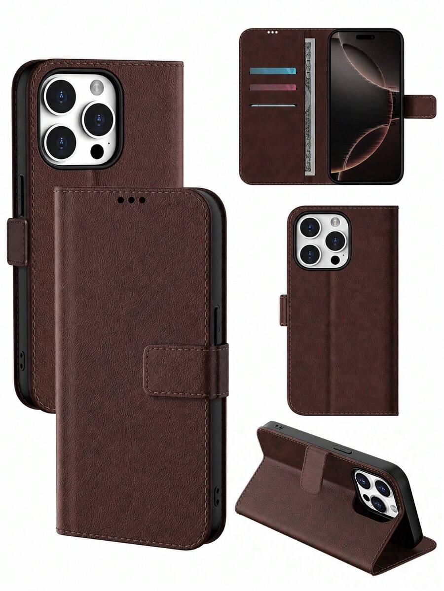 VRNOEI Multifunctional Black PU Wallet Phone Case, Compatible With IPhone 11 12 13 14 15 16 17 Pro Max, Suitable For Daily Use; Flip Wallet Phone Case, Can Hold Credit Cards - Dark Brown - View 1