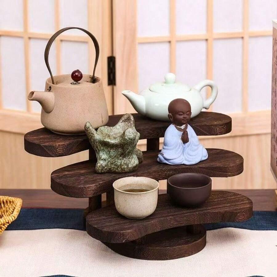 Rak Pajangan Cangkir Teh Kayu Solid Gaya Cina, Bertingkat, Dekorasi Vintage untuk Meja, Tempat Penyimpanan Set Teh dan Teko di Rumah - MultiWarna - View 1