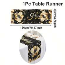 1pc 13.78*70.87 Inch Black & Gold Polyester Tablecloth, Suitable For Birthday, Wedding, Family Holiday Party And Dining Table Decoration, Includes Disposable Table Runner - Multicolor - View 2