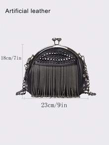 Bolso de concha de cuero artificial con remaches y borlas, simple y elegante, de alto valor, bolso bandolera de temperamento elegante, adecuado para ir al trabajo y citas. - Negro - Ver 4
