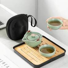 Outdoor Travel Tea Set, 1 Pot And 2 Cups, Portable Kung Fu Tea Set, Ceramic Tea Set With Filter And Protective Storage Bag. Suitable For Outdoor BBQ, Party, Camping, Space-Saving Design. - Green - View 6
