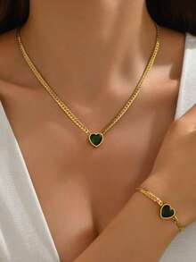 1 Set Classic Romantic Style Stainless Steel Jewelry Set With Inlaid Colorful Heart-Shaped Glass Decor And Whip Chain, Suitable For Women To Wear At Engagement Or Date, Or As A Holiday Gift For Loved Ones - Yellow Gold - View 10
