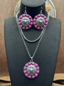 Western Vintage Cowboy Style Classic Long Horn Bull Head Embossed Necklace And Earrings, Retro Distressed Silver Carved Pattern With Scrollwork, Iconic American Western Texas Cowboy Totem Symbolizing Wild And Free Ranch Style - Western Cowboy Style - View 6