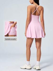 NcmRyu 1pc Women Hollow Out Asymmetrical Hem Waist Cinched Mini Dress Sports - Pink - View 11