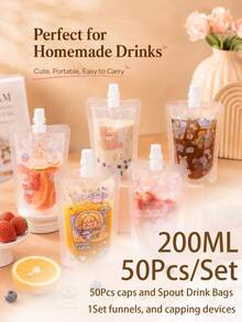50Pcs Clear Spout Drink Bags, Cute Cartoon Stand-Up Beverage Pouches With Caps For Juice, Milk Tea, Coffee, Smoothies & Party Drinks - Multicolor - View 10
