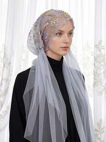 1pc Women's Elastic Embroidered Tie-Up Polyester Headscarf/Cap, Beaded Headwrap, Sun Protection, Fashionable For Travel And Daily Wear Sleep Bonnet - Embroidered Long Hat - View 9