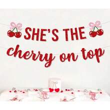1 Set "She's The Best" Banner Decoration, Red Cherry And Pink Bow, Cute Cherry Theme Birthday Party Baby Shower Backdrop Decor - Red - View 4