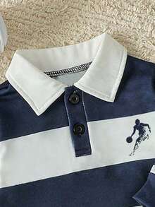 Baby Boy Striped Pattern Print Polo Collar Long Sleeve Sweatshirt And Denim Jeans - Blue - View 3